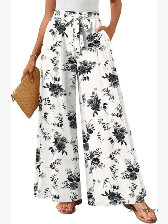Pants - Women's Wide Leg Lounge Pants with Pockets High Waisted Drawstring Palazzo
